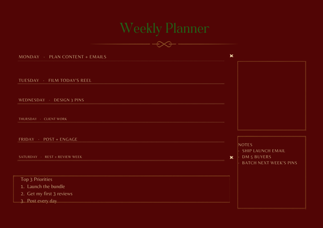 Free Weekly Planner — example filled in, showing it's editable