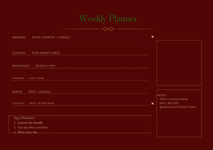 Free Weekly Planner — example filled in, showing it's editable