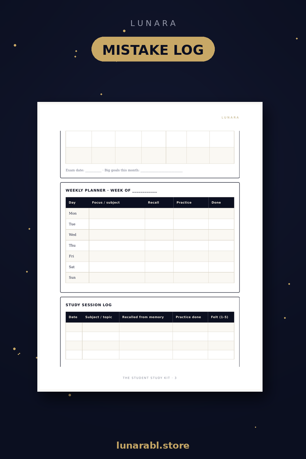 The Student Study Kit (Printable) | Planners, Topic Tracker, Mistake Log & Exam Countdown for Students