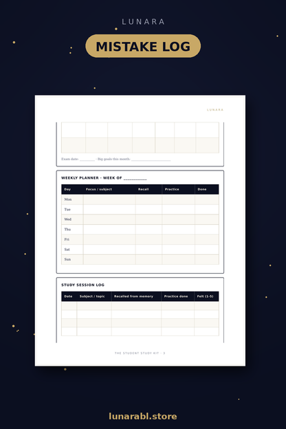 The Student Study Kit (Printable) | Planners, Topic Tracker, Mistake Log & Exam Countdown for Students
